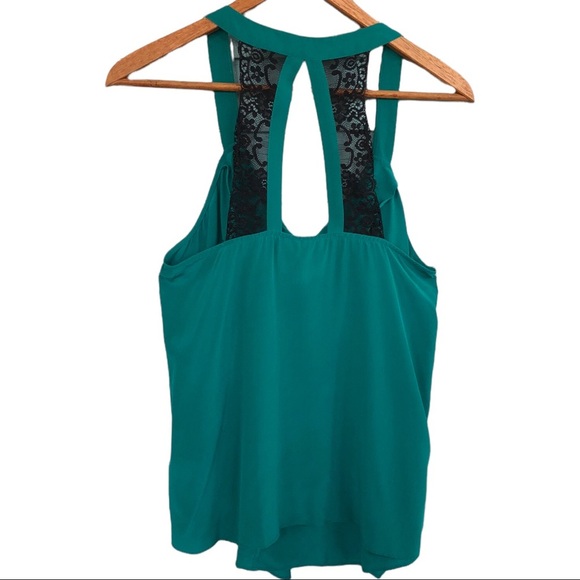 Aryn K 100% Silk Halter Tank with Waterfall Ruffles & Lace Back Medium - Picture 6 of 11